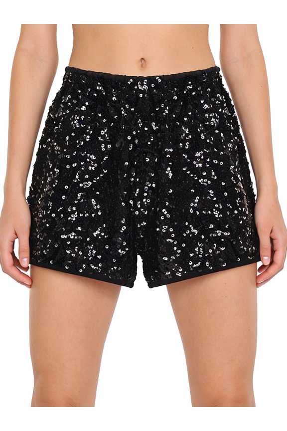 Women Shiny Sequin Booty Shorts Elastic High Waist Fully Lined Hot Pants Jazz Stage Music Festival Black XL