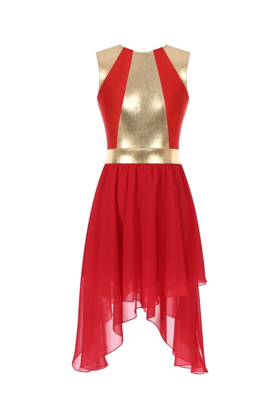 Women Sleeveless Metallic Chiffon Lyrical Dance Dress Praise Tunic Overlay Dress Red S