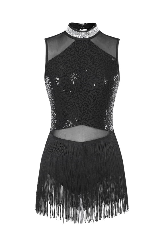 Women Sleeveless Tassel Hem Jazz Dance Outfit Latin Salsa Leotard Black L