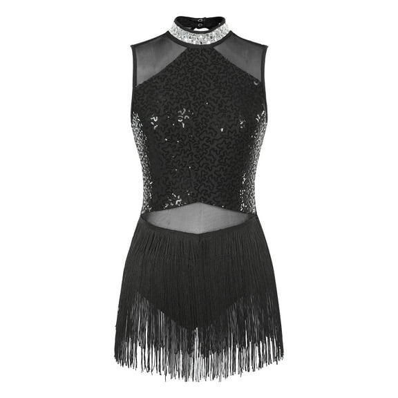 Haitryli Women Sleeveless Tassel Hem Jazz Dance Outfit Latin Salsa Leotard Black XL