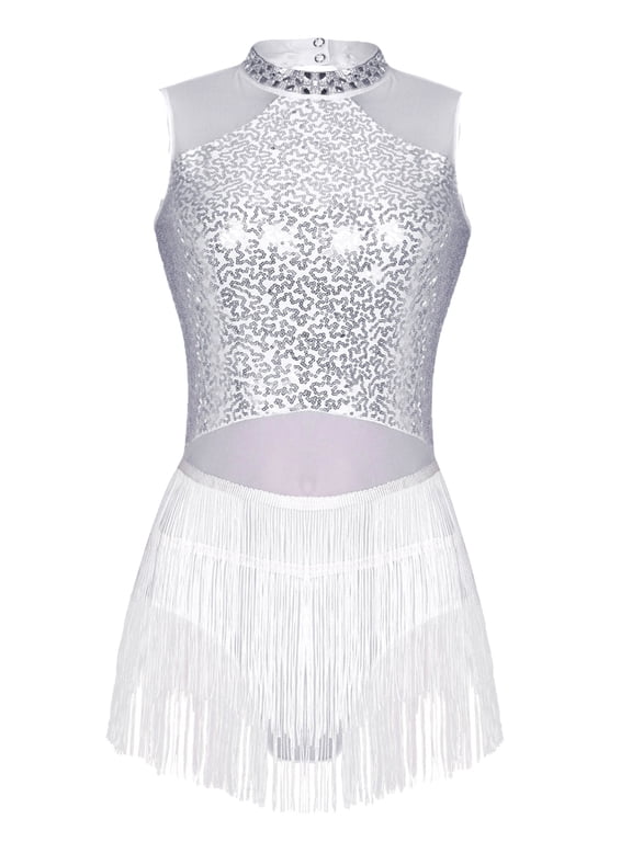 Women Sleeveless Tassel Hem Jazz Dance Outfit Latin Salsa Leotard White S