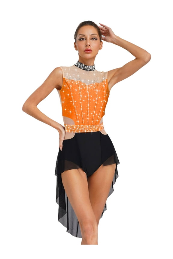 Women Sparkly Sleeveless Lyrical Dance Dress High-Low Mesh Skirted Leotard Gymnastic Orange M