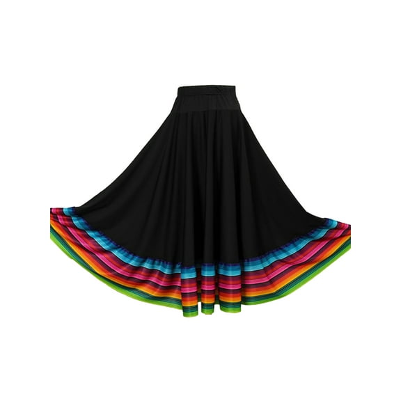 Haitryli Women Stripe Print Dance Skirt Flamenco Mexican Folk Dancewear Black 75cm L