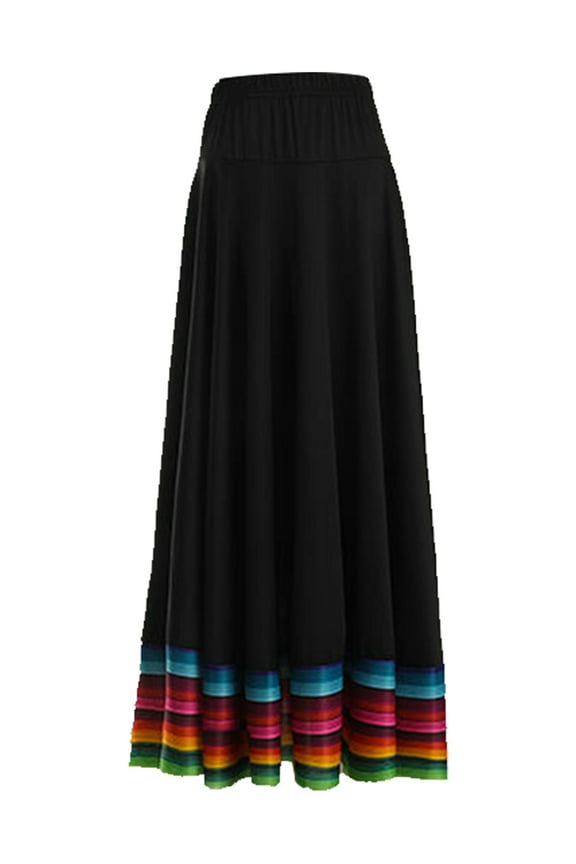 Women Stripe Print Dance Skirt Flamenco Mexican Folk Dancewear Black 87cm XL