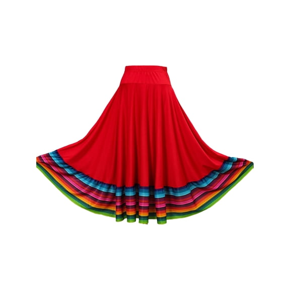 Haitryli Women Stripe Print Dance Skirt Flamenco Mexican Folk Dancewear Red 75cm 5XL