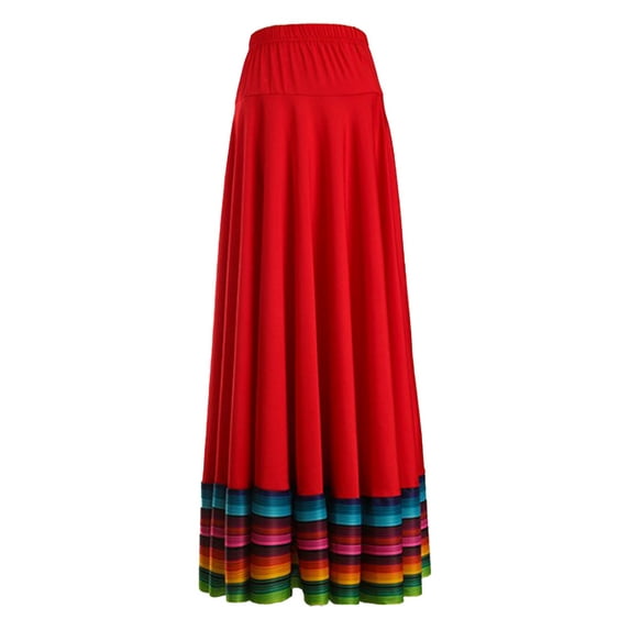 Haitryli Women Stripe Print Dance Skirt Flamenco Mexican Folk Dancewear Red 87cm 5XL