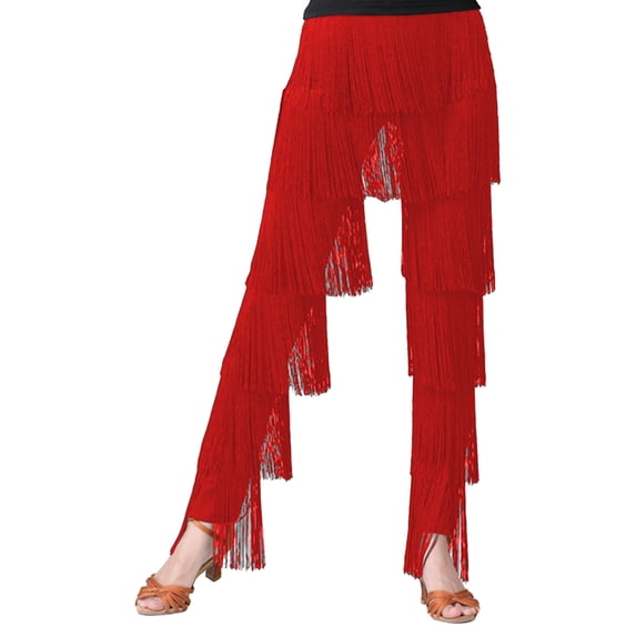 Haitryli Women Tassel Fringed Latin Dance Pants Tango Cha-Cha Performance Outfit Red M