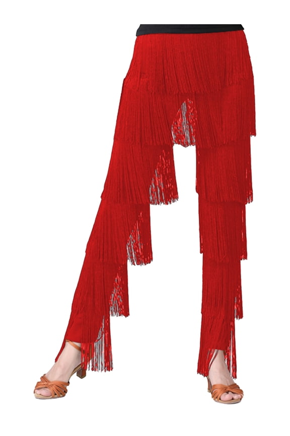 Women Tassel Fringed Latin Dance Pants Tango Cha-Cha Performance Outfit Red M