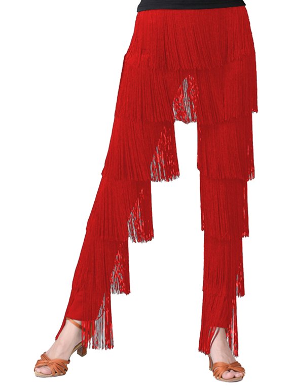 Women Tassel Fringed Latin Dance Pants Tango Cha-Cha Performance Outfit Red M