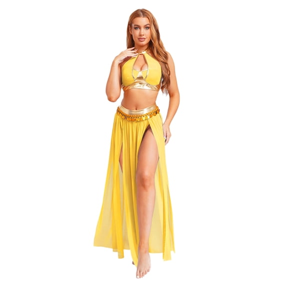 Haitryli Women's 2 Piece Belly Dance Outfit Sequin Tassel Metallic Spliced Dancewear Rave Party Gold L