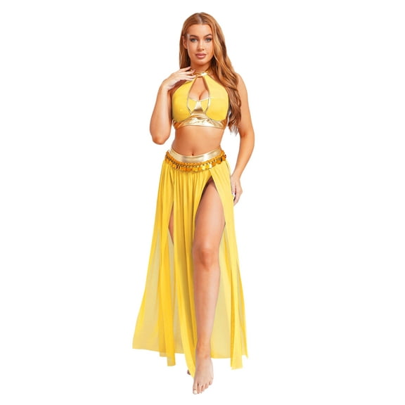 Haitryli Women's 2 Piece Belly Dance Outfit Sequin Tassel Metallic Spliced Dancewear Rave Party Gold S