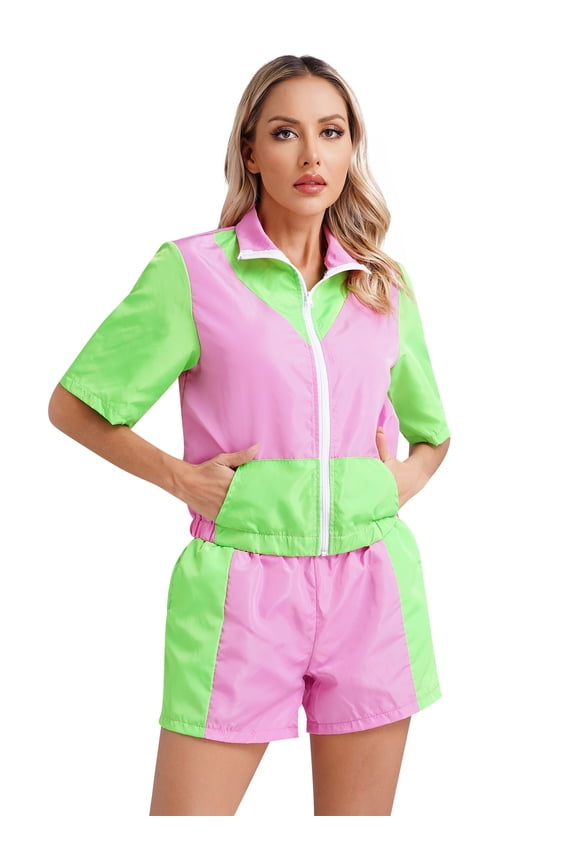 Women's 80s Tracksuit Retro Outfits 2 Piece Zipper Front Jacket with Loose Shorts Pink L