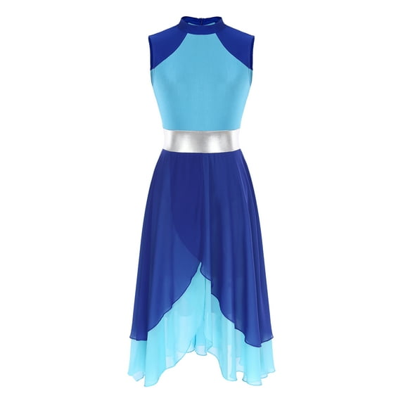 Haitryli Women‘s Bright Color Block Lyrical Dance Dress Sleeveless Praise Tunic Blue L