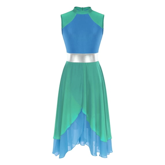 Haitryli Women‘s Bright Color Block Lyrical Dance Dress Sleeveless Praise Tunic Green&Blue M