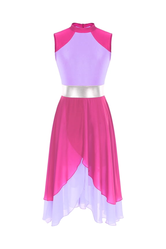 Women‘s Bright Color Block Lyrical Dance Dress Sleeveless Praise Tunic Hot Pink&Light Purple XL