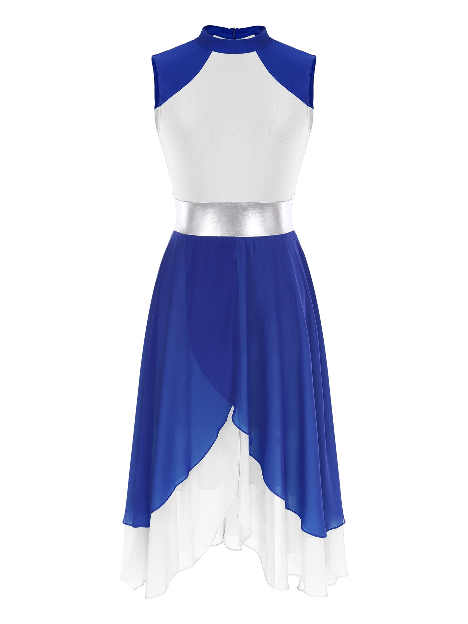 Haitryli Womens Bright Color Block Lyrical Dance Dress Sleeveless Praise Tunic Royal Blue&White S