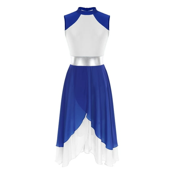 Haitryli Women‘s Bright Color Block Lyrical Dance Dress Sleeveless Praise Tunic Royal Blue&White S