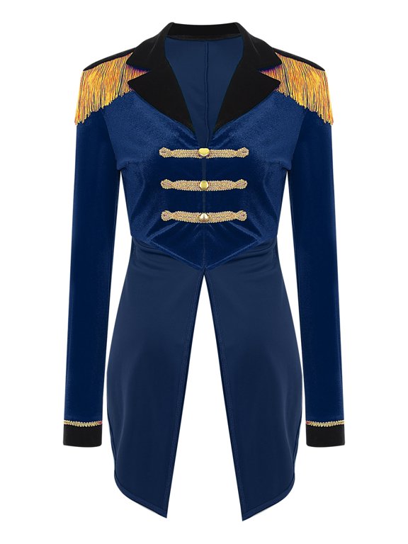 Women's Circus Ringmaster Costume Tailcoat Jacket Lapel Velvet Collar Vintage Long Sleeve Navy Blue XL