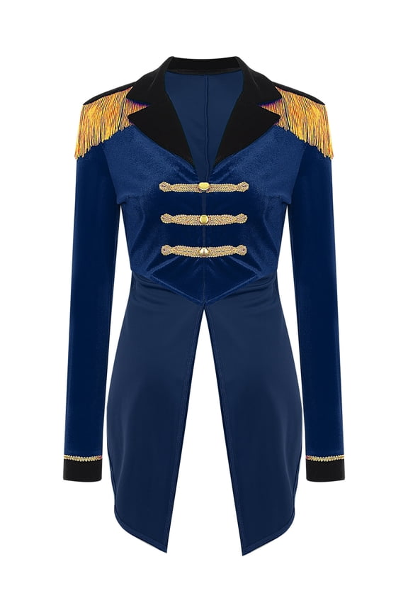 Women's Circus Ringmaster Costume Tailcoat Jacket Lapel Velvet Collar Vintage Long Sleeve Navy Blue XL