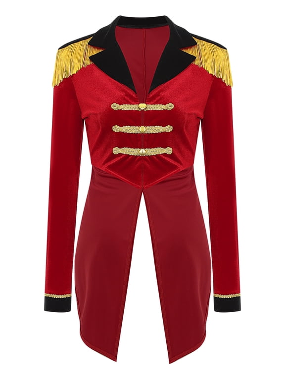 Women's Circus Ringmaster Costume Tailcoat Jacket Lapel Velvet Collar Vintage Long Sleeve Red 3XL