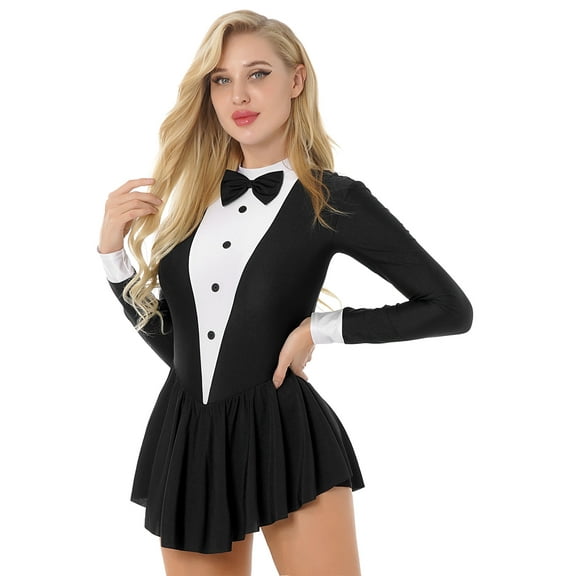 Haitryli Women's Contrast Color Dance Costume Tuxede Bownot Dance Wear Long Sleeve Cosplay Dance Black XXL