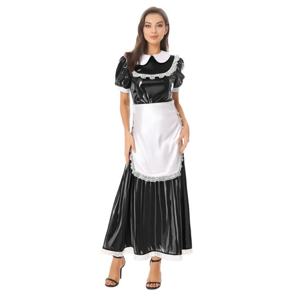 Haitryli Women's French Maid Dress Short Sleeve Satin Lapel Collar Lace Trim with Apron for Black XL