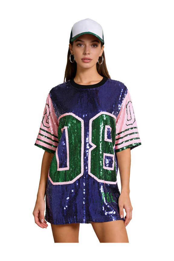 Women's Hip Hop Jazz Dance Shirt Number Graphic Sparkly Sequin Tee Shirt Color Block Tunic Blouse Blue One Size