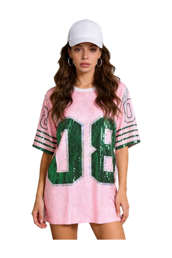 Women's Hip Hop Jazz Dance Shirt Number Graphic Sparkly Sequin Tee Shirt Color Block Tunic Blouse Pink One Size