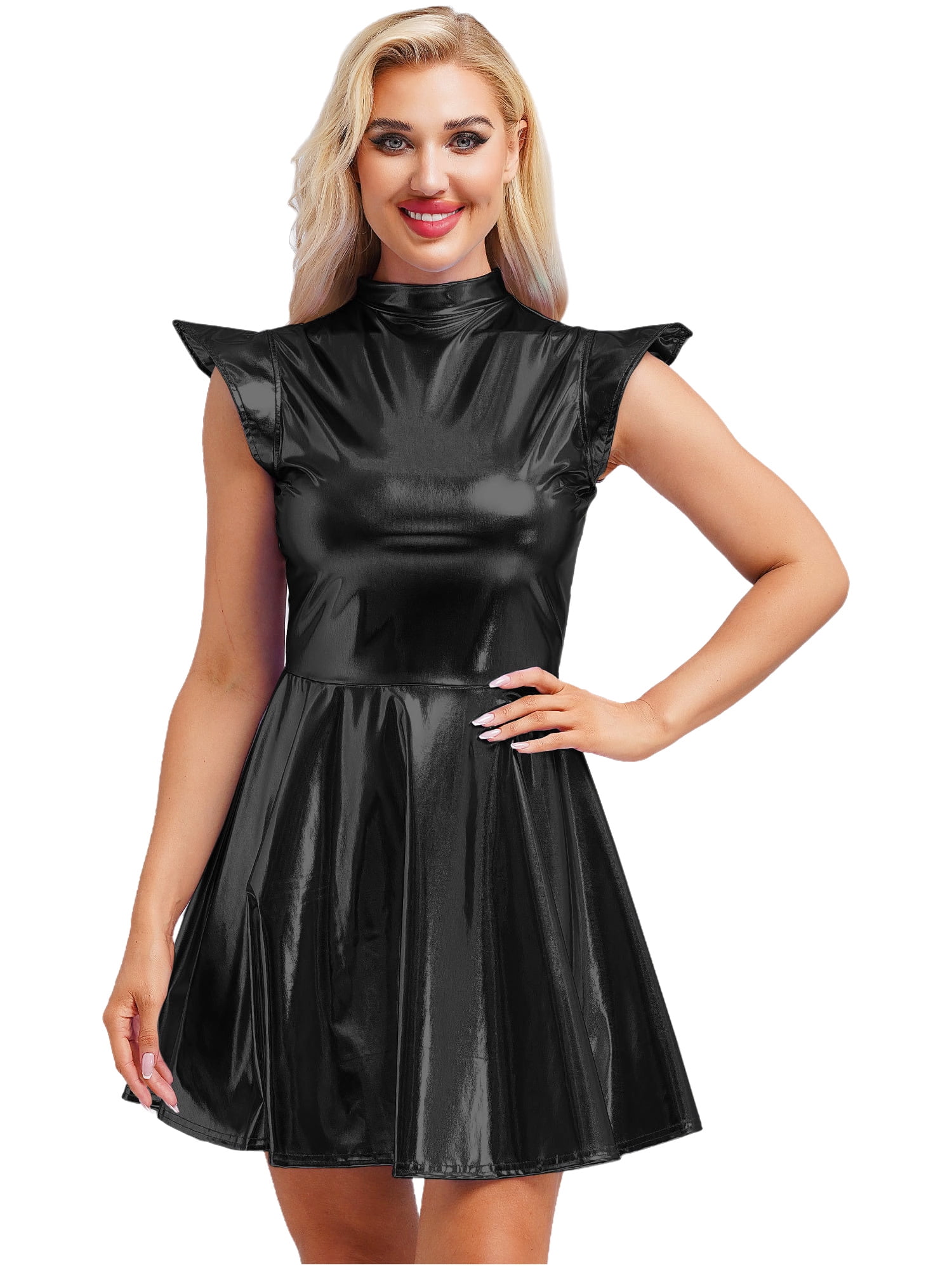Haitryli Women's Holographic High Waist Dress Party Club Disco Pleated Dress Cosplay Outfits Wet Black XXL