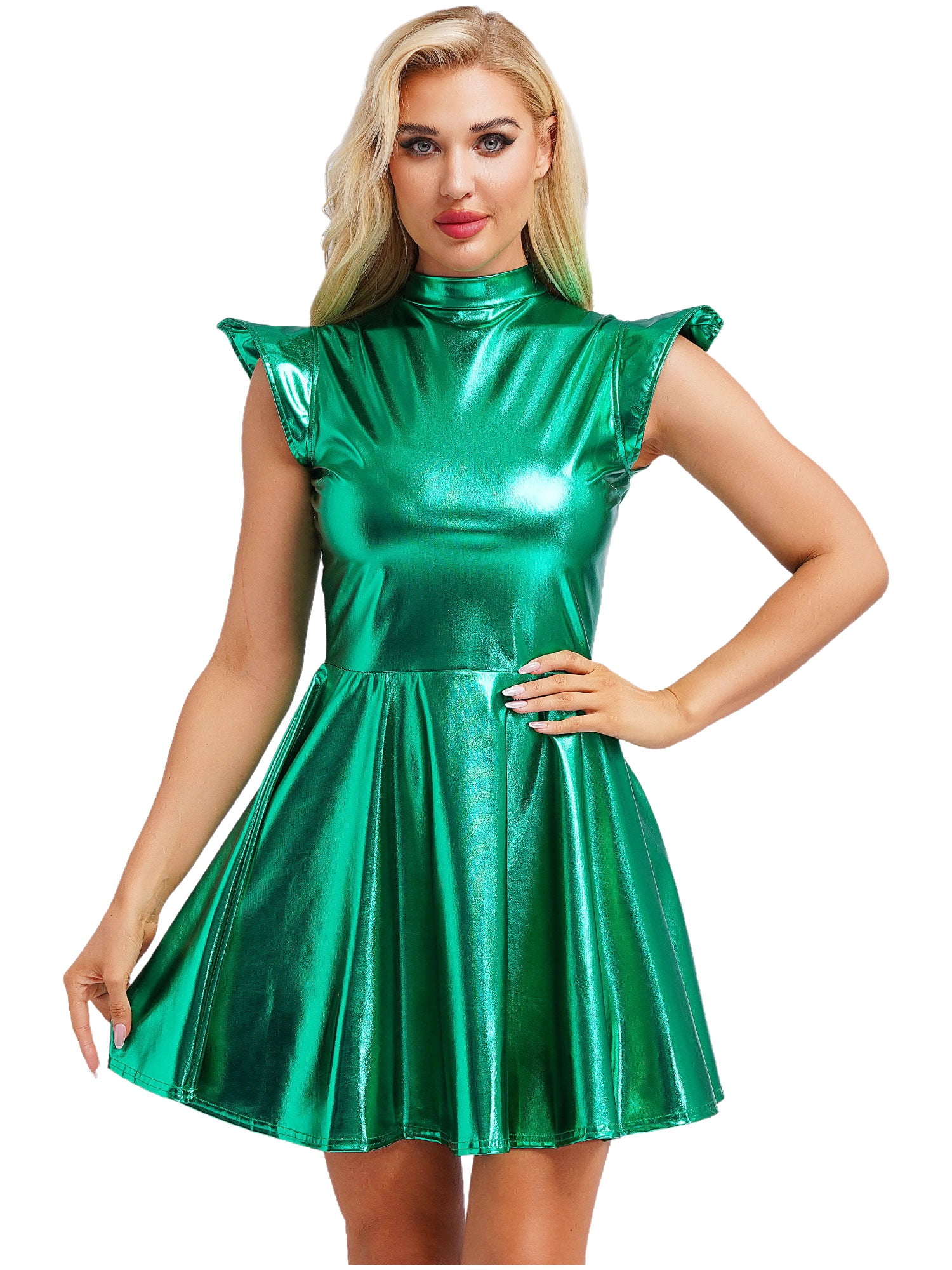Haitryli Women's Holographic High Waist Dress Party Club Disco Pleated Dress  Cosplay Outfits Wet Green XL - Walmart.com