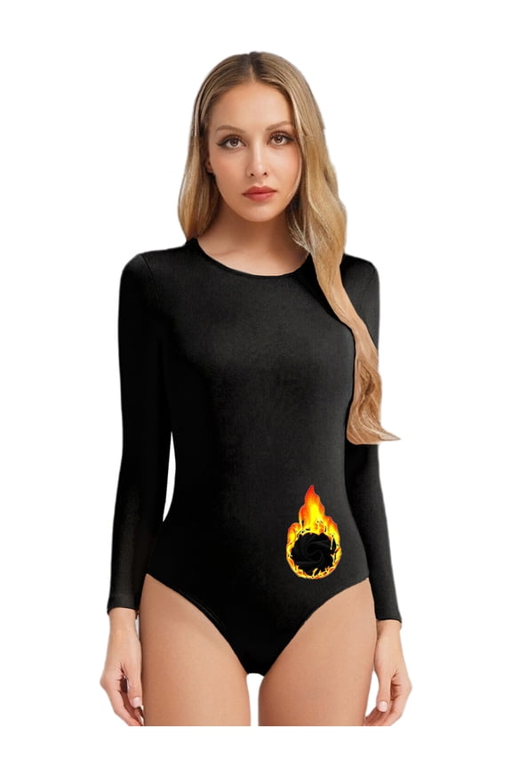 Women's Long Sleeve Fleece-lined Leotard Figure Skating Acrobatics Competition Stage Performance Outfit Black Round Neck 160