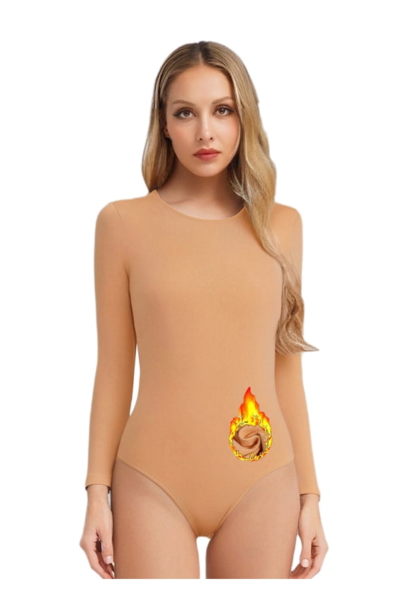 Women's Long Sleeve Fleece-lined Leotard Figure Skating Acrobatics Competition Stage Performance Outfit Nude Round Neck 170