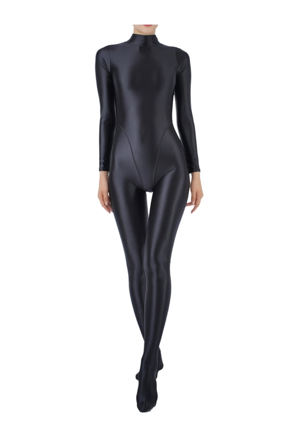 Women's Long Sleeve Glossy Bodystocking Bodysuit Full Body Jumpsuit Unitards Shapewear Black XL
