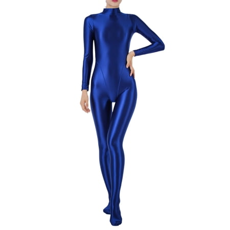 Haitryli Women's Long Sleeve Glossy Bodystocking Bodysuit Full Body Jumpsuit Unitards Shapewear Dark Blue M