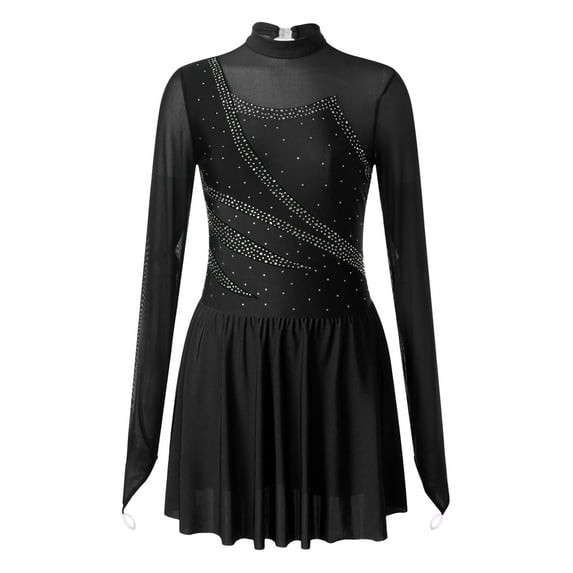 Haitryli Women's Long Sleeve Mesh Figure Ice Skating Dress Ballet Dance Leotard Black XL