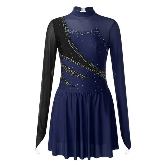 Haitryli Women's Long Sleeve Mesh Figure Ice Skating Dress Ballet Dance Leotard Navy Blue XL