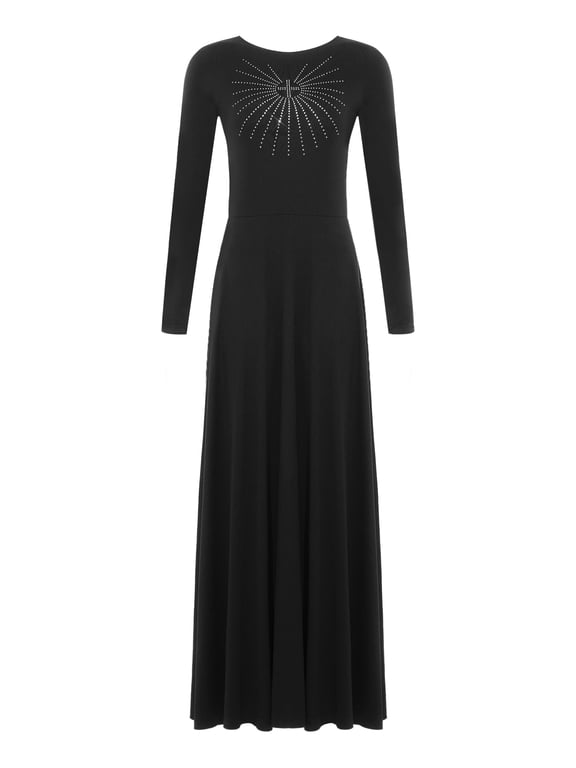 Women's Long Sleeve Praise Dance Dress Glitter Maxi Dress Lyrical Worship Tunic Liturgical Dress Black S