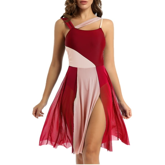 Haitryli Women's Lyrical Gymnastics Ballet Dance Leotard Dress Mesh Overlay Contemporary Dresses Burgundy L