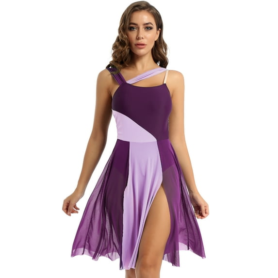 Haitryli Women's Lyrical Gymnastics Ballet Dance Leotard Dress Mesh Overlay Contemporary Dresses Violet M
