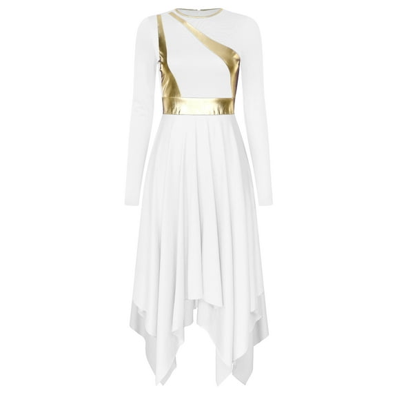 Haitryli Women's Lyrical Praise Dance Dress Long Sleeve Irregular Hem Worship Costume Liturgical White M