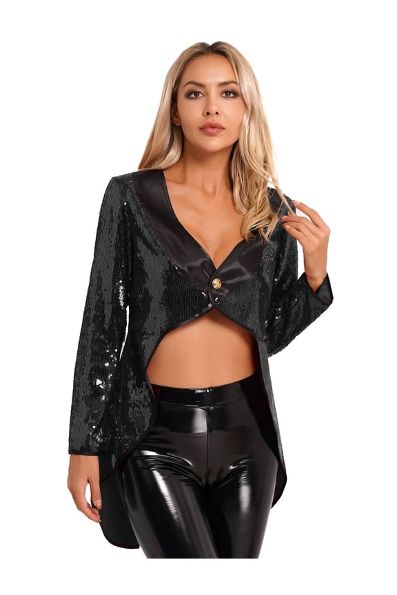 Women's Magician Tailcoat Jacket Fancy Dress Magic Show One-Button Sequin Tail Coat Black XL