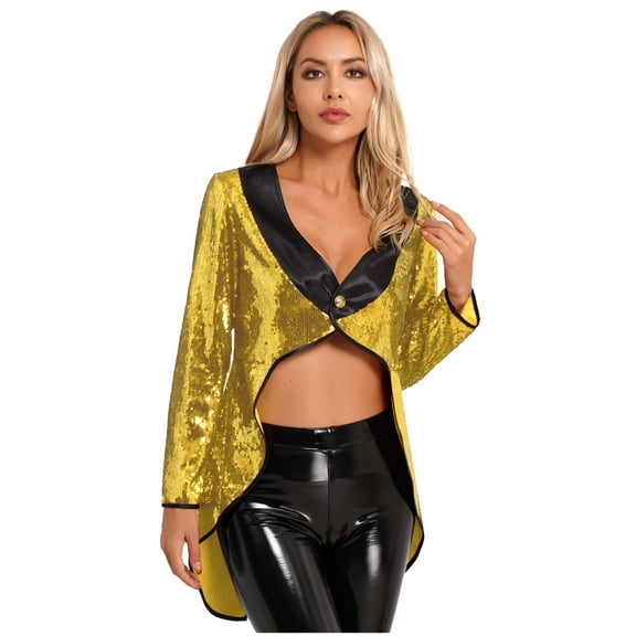 Haitryli Women's Magician Tailcoat Jacket Fancy Dress Magic Show One-Button Sequin Tail Coat Gold XL