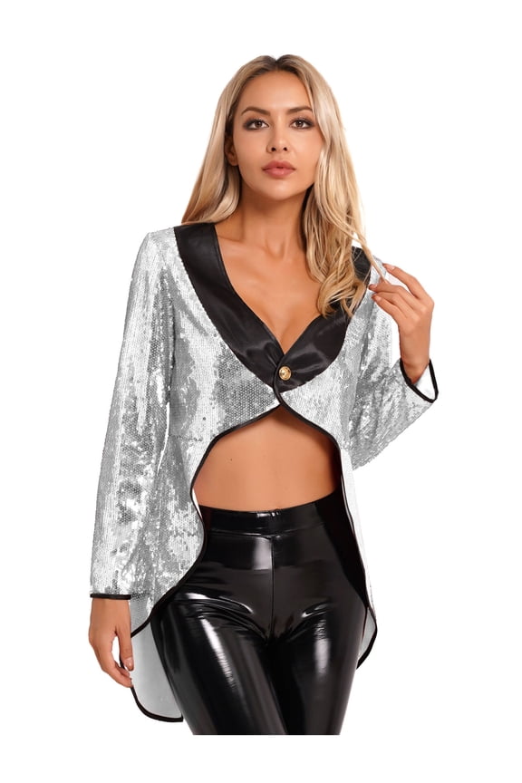 Women's Magician Tailcoat Jacket Fancy Dress Magic Show One-Button Sequin Tail Coat Silver S