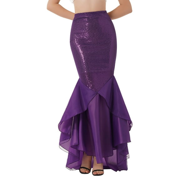 Haitryli Women's Mermaid Skirts Sparkly Sequins Ruffles Long Fishtail Skirt Halloween Cosplay Party Purple XL