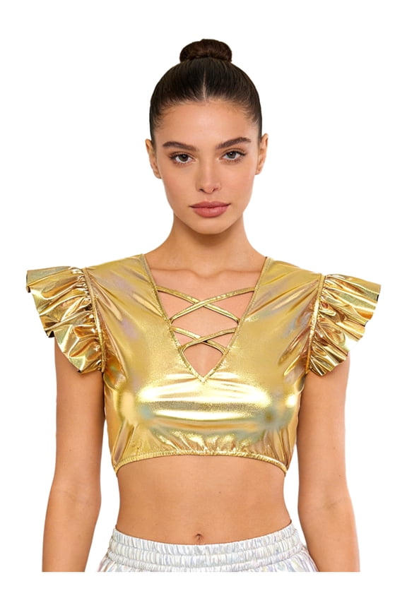 Women's Metallic Shiny Crop Top Ruffled Fly Sleeve Pullover Top Iridescent Dance Blouses for Party Gold L