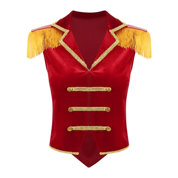 Haitryli Women's Ringmaster Waistcoat Vest Velvet Tuxedo Uniform Halloween Sleeveless Short Jacket Red 3XL