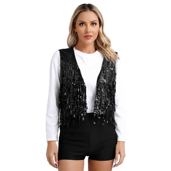 Haitryli Women's Sequin Fringe Vest Glitter Waistcoat Sleeveless Jackets Dance Top Black S