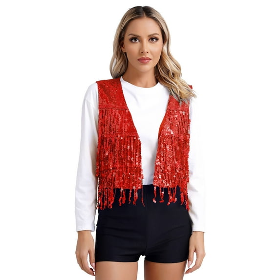 Haitryli Women's Sequin Fringe Vest Glitter Waistcoat Sleeveless Jackets Dance Top Red L