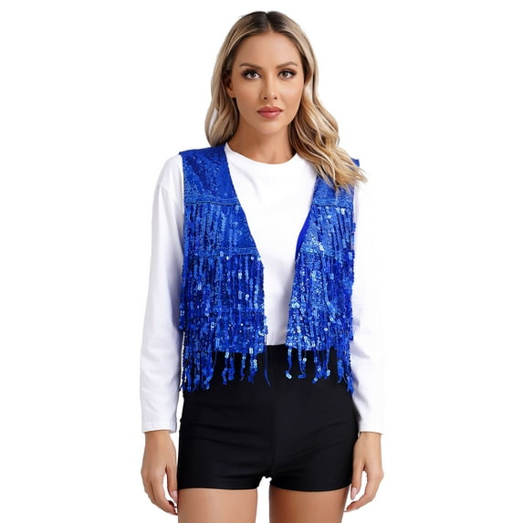 Haitryli Women's Sequin Fringe Vest Glitter Waistcoat Sleeveless Jackets Dance Top Royal Blue 3XL