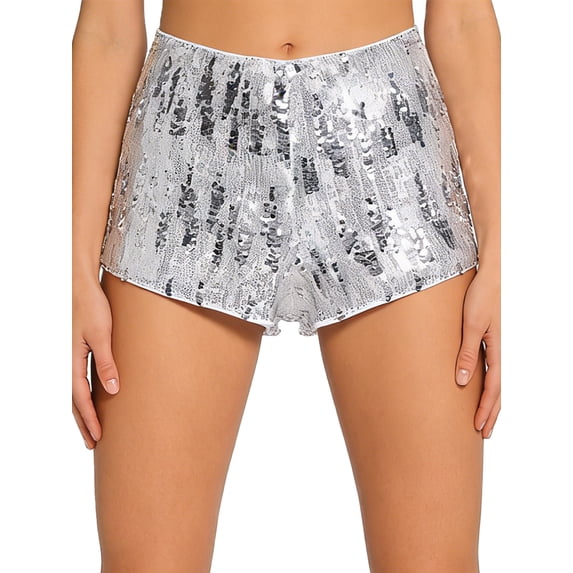 Haitryli Women's Sequin Sparkly Mini Shorts Low Waist Rave Party Hot Pants Night Out Party Bottoms Silver L